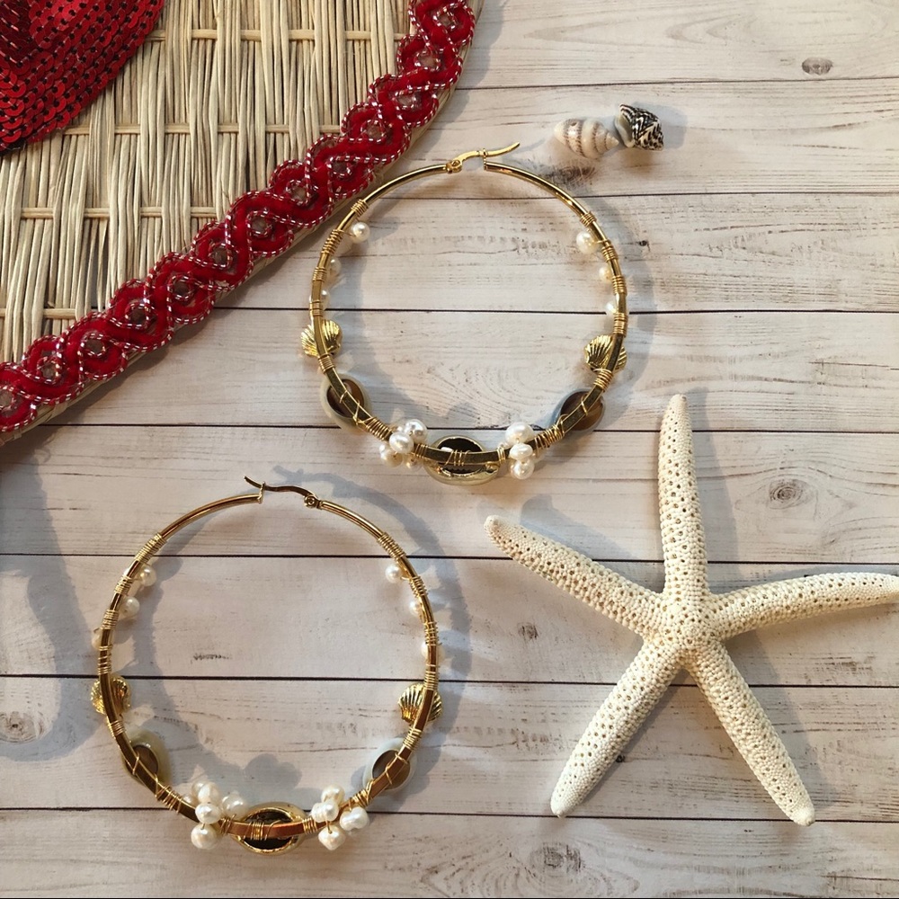 Large Detailed Seashell Hoops - Picture 2 of 5